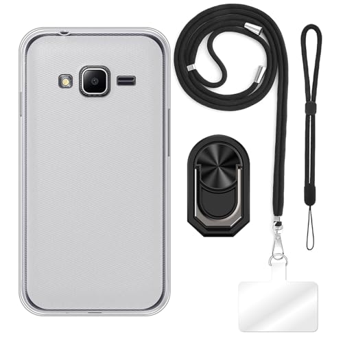 ESCAMOT [4 en 1] Funda Compatible con Samsung Galaxy J1 Mini Prime con Lanyard, Correa de Mano y Anillo, Funda Protectora Antigolpes Kit de Viaje (Conjunto Negro)