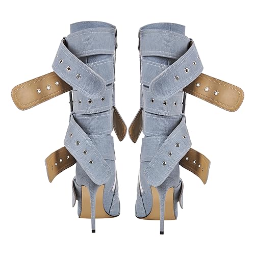 VERISSON Close Point Toe Boots Embellished Buckle Belts Stiletto Heeled Booty2