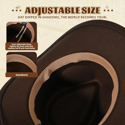 Image of Classic Western Cowboy Hat Cowgirl Hat Unisex Men's & Women's Wide Brim Felt Fedora Hat Flat Top with Buckle Belt
