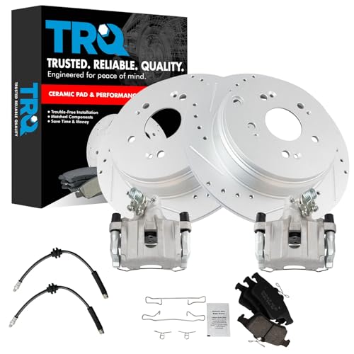 Image of TRQ Performance Rear Brake Pad and Rotor Set Ceramic Slotted Drilled G Coated Rotors Calipers Hoses Compatible with 2006-2008 Mazda 3 S 2007-2008 Mazda 3 MazdaSpeed