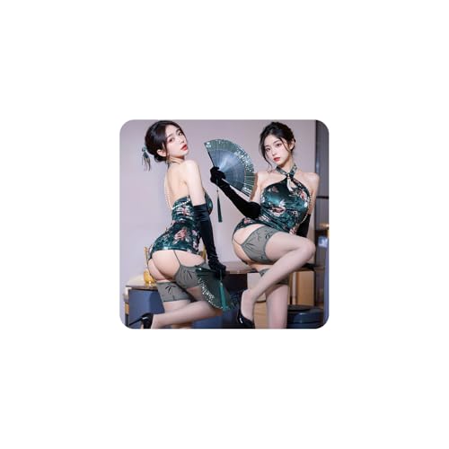 [三丸] チャイナ服 チャイナドレス コスプレ エロ レディース 女性用 セクシーランジェリー 過激 変態 sm ダークグリーン Uネック パールの紐飾り 花柄 胸の露出 尻の露出 裸の背中 えろい下着 あだるとグッズ 女性 ランジェリー セクシー エッチ コスチューム 大人 アダルトグッズ - 画像1