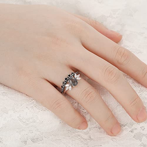 Frayerr Genuine Moissanite Ring Set - 1.09 Carat Oval Cut Natural Black Rutilated Quartz Bridal Sets - Natural Black Spinel Wedding Band - 925 Silver Marquise Cut Moissanite Wedding Sets - Natural Gemstone Promise Ring (4) #TOP7