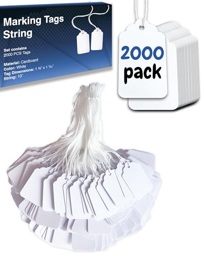 Image of 2000 White Price Tags - Strung Display Tags, 1.75 x 1.093 inch for Product, Jewelry, Clothing, Yard Sale, Garage Supplies
