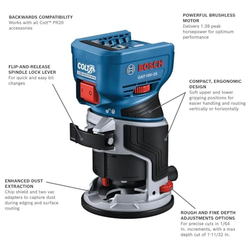 BOSCH GKF18V-25N 18V Brushless Colt™ Palm Router | Cordless Power and Precision for Woodworking Projects - Includes Dust Extraction System and Variable Speed Control (Bare Tool)