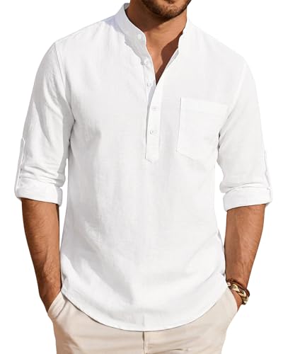 Alimens & Gentle Mens Linen White Shirts Grandad Henley Non Iron Long Sleeve Shirt Casual Summer Button Down Top with Pocket XL