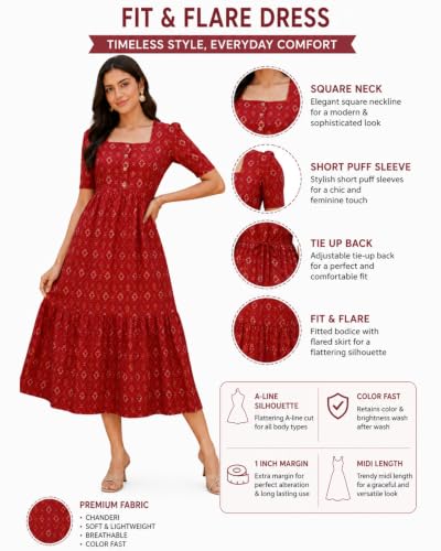 Image of Sun Fashion And Lifestyle Chanderi Printed Dress for Women | Western Dresses for Women | One Piece Midi Dress | Fit and Flare Dress | A-line Dress (KT74 Blue)