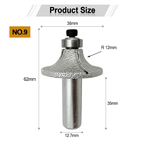SHDIATOOL 1/2 Inch Shank Round-Over Router Bits 12MM Radius Corner Rounding Edge-Forming Marble Granite Quartz Stone