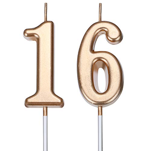 16th Birthday Candles Cake Number Candles Happy Cake Topper Decoration for Birthday Wedding Anniversary Celebration Party Favor 3.54 Inches Total Length (Champagne Gold)