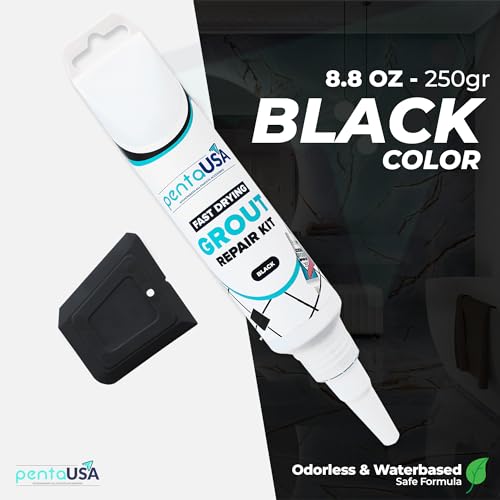 PentaUSA Tile Grout Repair Kit - Black Grout Filler, Triple Protection, Fast Drying Formula Restores and Renews Grout Lines with Grout Float (Black, 8.8oz / 250gr)