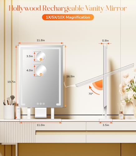 Gospire Hollywood Lighted Makeup Mirror, 4000mAh Rechargeable Vanity Mirror, 3 Color Modes Lighting Mirror with Magnification 5X/10X, Touch Control&Phone Holder, LED Desktop Mirror for Bedroom