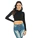LONGBIDA Women's Long Sleeve Mock Neck Pure Soft Thin Sexy Stretch Crop TOP T Shirt(Black,L)