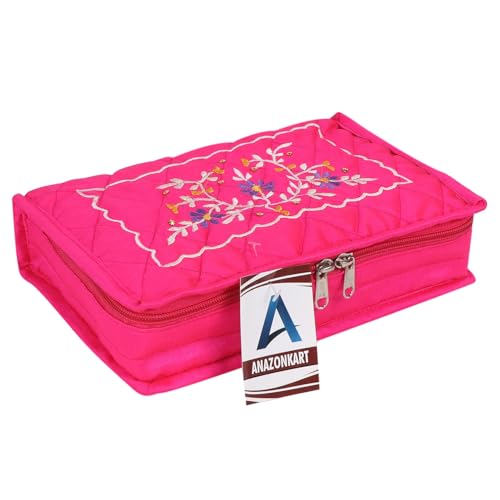 ANAZONKART(TM) Cotton Jewellery Kit| Pink Fancy Embroidered Front With Zipper closure|2 Large & 4 Small Pockets|Size 27 x 16 x 7 CM, Pack of 1