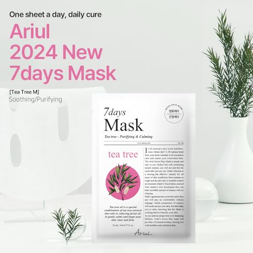 Image of Ariul 7days Mask Tea Tree M (1 Sheet, 23ml) Daily Tea Tree Calming Korean Sheet Mask for Oily & Acne Prone Skin, helps reduce breakouts & excess oil, Soothing Barrier Repair Face Mask
