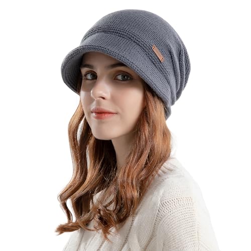 Winter Knit Slouchy Visor Beret Hat for Women, Fleece Lined Warm Thermal Ear Protection Hat, Daily Winter Outdoor Accessory