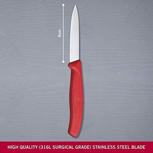 Image of Victorinox Kitchen Knife, Stainless Steel Swiss Made Vegetable Cutting and Chopping Knife, Straight Edge, 8 cm, Red