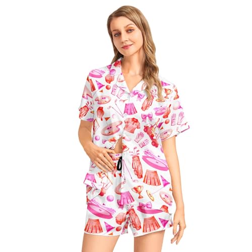 Image of Funny Pajamas for Women Set Print Satin Loungewear Pjs Short Sleeve Button Down Top and Shorts Sets Sleepwear XS-3XL