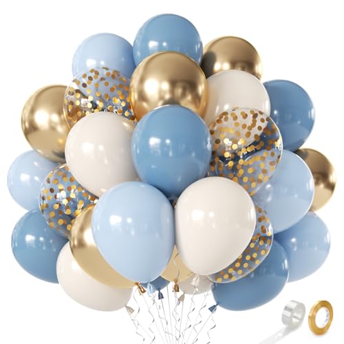 Dusty Blue White and Gold Balloons - 50Pcs 12 Baby Light Pastel Muted Blue Metallic Gold Balloons for Gender Reveal Baby Boy Shower Birthday Graduations Weddings Anniversary Party Decorations