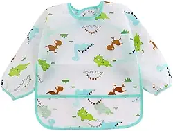 Babador Manga Longa Impermeável Cata Migalhas - Dinossaurios - Marrom/Verde/Azul
