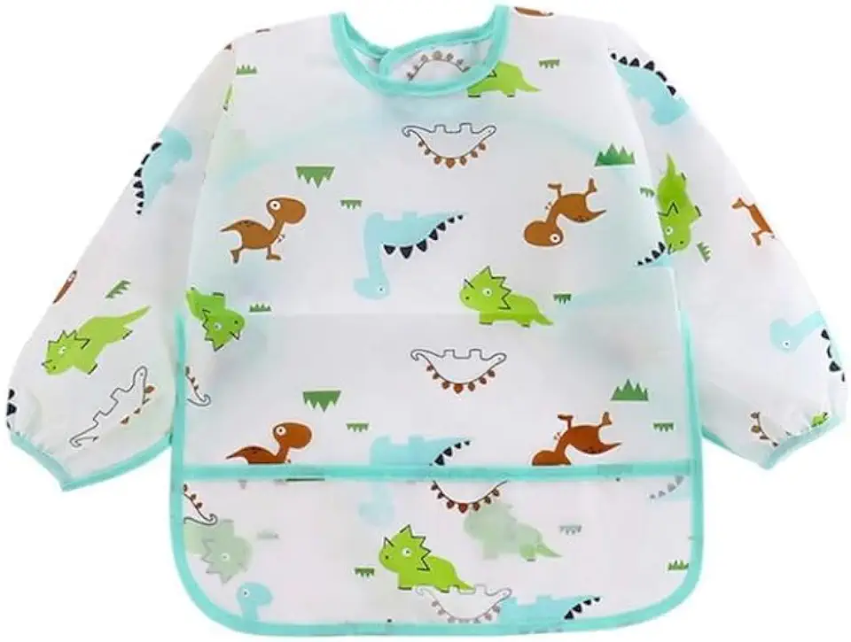 Babador Manga Longa Impermeável Cata Migalhas - Dinossaurios - Marrom/Verde/Azul