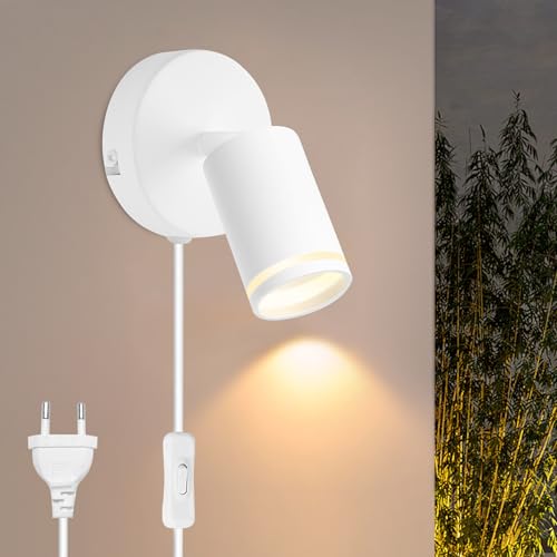 Lámpara de Pared Interior Moderna, Aplique de Pared LED Aluminio Blanco Ajustable, Casquillo GU10, Aplique con Interruptor y Enchufe, Luz Pared para Dormitorio Pasillo,Sin Bombilla