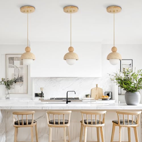 Image of Natural Cave Stone Pendant Lights Kitchen Island Japanese Wabi Sabi Pendant Light Fixture with Wood Ceiling Plate Hanging Lamp for Hallway, Bedroom, Dining Room 3 Packs