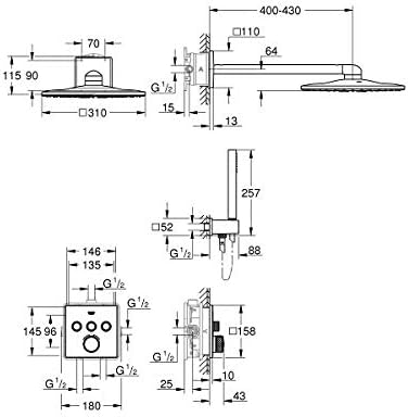 Technical diagram with dimensions for GROHE Grohtherm SmartControl shower components