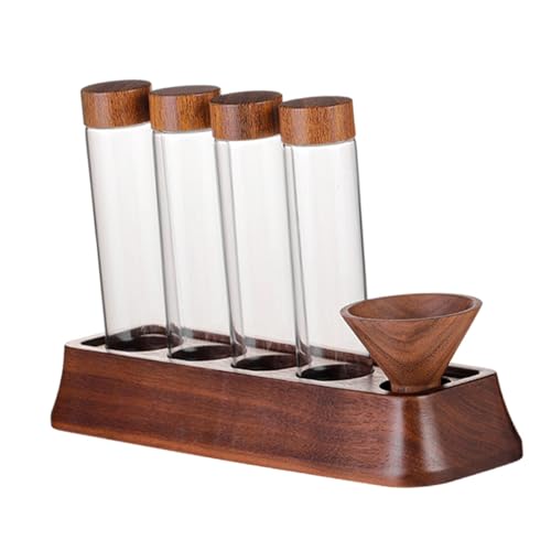 PETSOLA 4 Piezas Tubo para Café Envase de Vidrio de Madera Tarro Dosificador con Embudo Portátil Adecuado para Barra de Café Hogar Oficina, 4 Hoyos, Individual