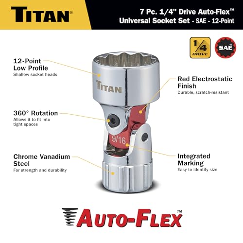 Image of Titan 85499 23-Piece Auto-Flex Universal Joint, Socket, and Extension Set, Engineered to Spring Back to Center