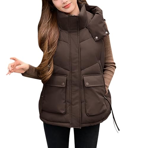 Image of Body Warmer Women Waistcoat Gilets For Women Uk Ladies Vests Coffee Gilet Sport Travel Winter Warm Padded Coat Pocket Quilted Zipper Vest Hiking Stand Collar Sleeveless Hooded Jacket