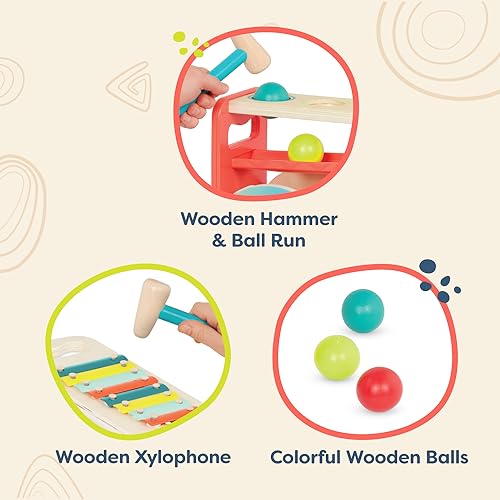 Image of B. toys Xylo-Pound Whale Pounding Bench with Xylophone, Hammer Toy | 2-in-1 wooden pounding bench with removable xylophone, 1 wooden hammer, and 3 balls for music and color matching, 1+ Years