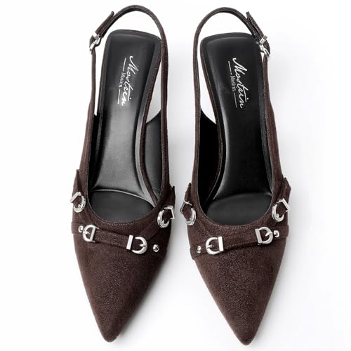 Image of Mostrin Kitten Heels for Women Pointed Toe Pumps Patent Leather Low Heel Slingback Heels with Buckle Dress Shoes for Dating Party Working