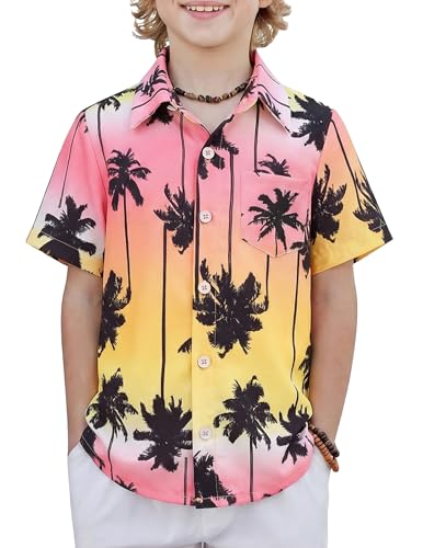 Arshiner Boys Hawaiian Shirt Tropical Short Sleeve Button Down Shirt Summer Palm Tree Beach Shirts with Pocket for 4-15 Years