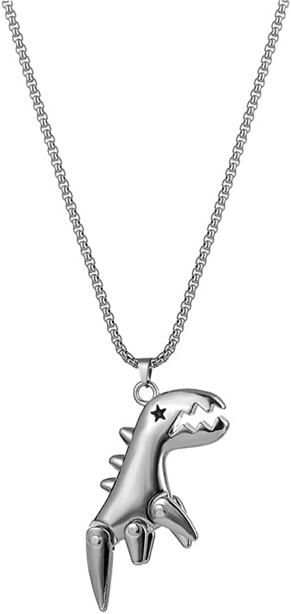 ClosJeryDinosaur Necklace for Girls Boys Men Women Silver Black Stainless Steel Cute Edgy Punk Rock Hop Hop Goth Unique Simple Kids Eboy Egirl Dinosaur Charm Pedant Necklace