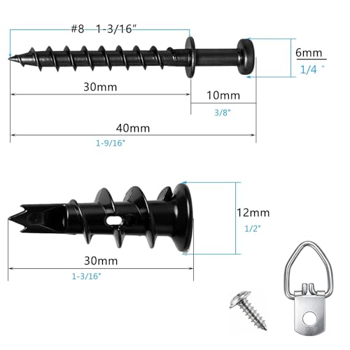 Image of 30pcs Self-Drilling Black Drywall Anchor and Double-Headed Screws Kit - 15 Metal Wall Anchors ,15 Bear Claw Wall Picture Screws for D-Rings, 4-in-1 Hanging Hooks for Sawtooth, Wire, Keyholes