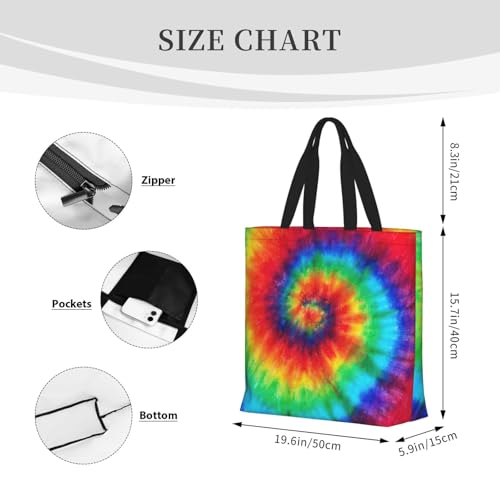 Large Capacity Shoulder Bag with Zipper,Reusable Grocery tie dye rainbow Print Tote Bag for Shopping4