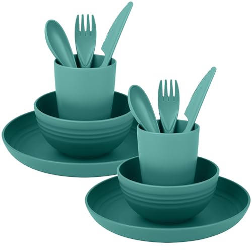 Belle Vous 8-Piece Plastic Teal Dinnerware Set - Includes Plate, Bowl, Cup and Cutlery - Unbreakable...