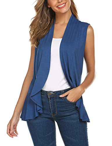 Women's Sleeveless Draped Open Front Cardigan Vest with Ruffled Trim Hem Navy Blue S