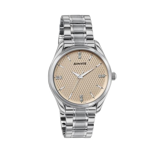 Image of Sonata Jashn with Quartz Analog Beige Dial Silver Strap Men's Wedding Watch - 77206SM01