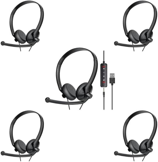 Image of FEABASK USB Headset with Microphone for PC - Lightweight Wired Computer Headset with Microphone for Home Office Online Class Skype Zoom Meetings,in Line Mute Controls(5pcs)
