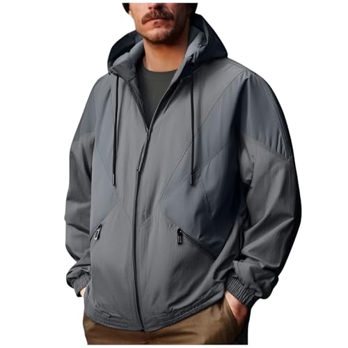 Mens Waterproof Zipper Hooded Jacket Long Sleeve Lightweight Windbreaker Outdoor Workwear Cardigan with Chest Pocket