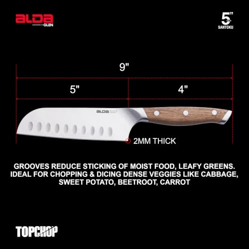 Image of Alda Top Chop Santoku Kitchen Knife 5 Inch - German Stainless-Steel Blade, Granton Edge Grooves, Acacia Wood Handle, Professional Knife for Chopping Cabbage, Carrot, Beetroot & Sweet Potato, 57 HRC