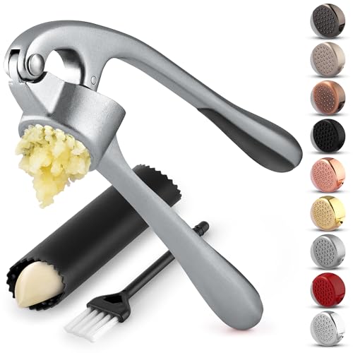 Zulay Kitchen Premium Garlic Press Set - Rust Proof Professional Garlic Mincer Tool - Easy-Squeeze, Easy-Clean with Soft, Ergonomic Handle - Silicone Garlic Peeler & Brush (Slate)