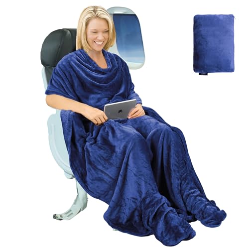 Tirrinia Travel Portable Blanket with Feet Pocket Airplane Office Poncho 4 in 1 Zippered Front...