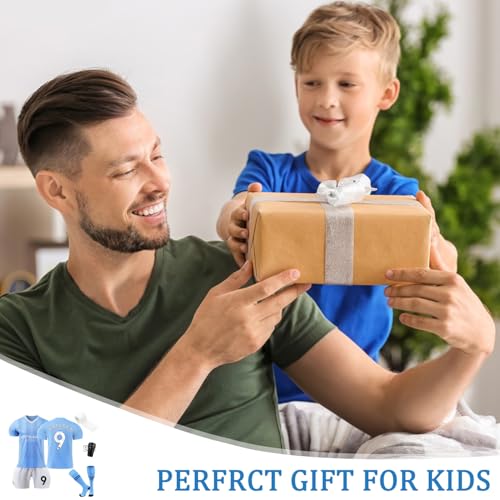 sinirttou Conjunto de Fútbol de Jersey para Niños Azul con Camiseta y Pantalones Cortos, Vendaje de Retención, Nro. 9 Camiseta de Fútbol para Niño y Niña(Talla 28)