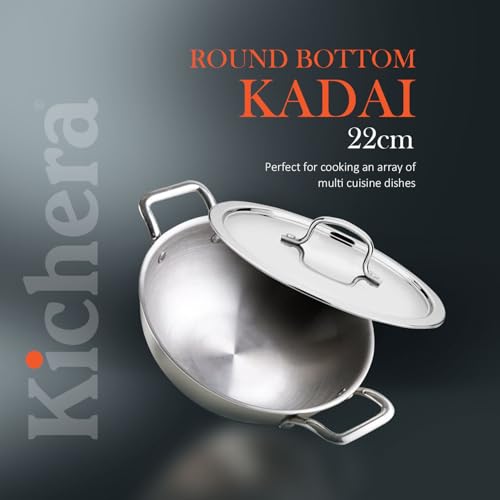 Image of Kichera Triply Stainless Steel Kadai with lid | 22cm /8.7 inch, 1.8Ltr, 1.5kg| Smooth Finished Flat Bottom Induction Deep Fry Kadhai |Ideal for All cooktops Cookware | 3 Layer Kadai for Cooking