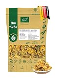 OmVeda Bio Ringelblumen Ganz 200g | Ganze Ringelblumenblüten mit Kelch DE-ÖKO-039 | Getrocknete Blüten für Tee, Naturkosmetik, Salben, Badezusätze | Vegan, Kosher, Allergenfrei