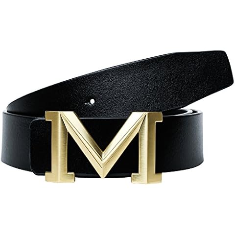 Mens/Womens Big Gold M Buckle Design 38-mm Cowhide Leather Belt (Black, 120cm/45.3inch(40-44)) Cover