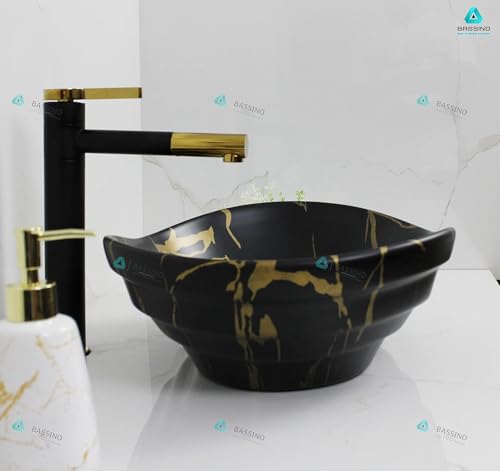 Image of BASSINO 18x14x6 Inches Ceramic Counter Top Wash Basin /1 Year Glazing Warranty /Designer Black Basin for Bathroom with Brown Veins /Tabletop Washbasin for Dining Hall /Living Room(Matt Marble Finish)