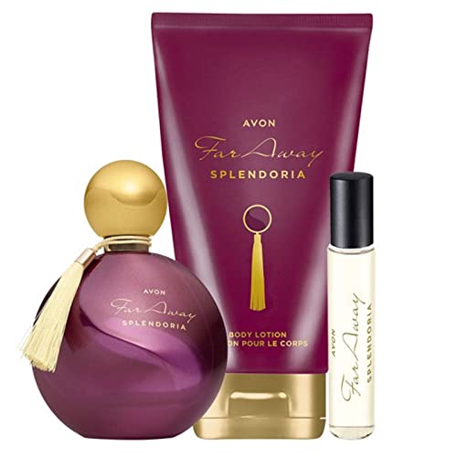 Avon-Set-di-profumo-3-pezzi-Far-Away-Splendoria-Eau-de-Parfum-Spray-50-ml-spray-tascabile-10-ml-lozione-per-il-corpo-150-ml-per-donna-orientale