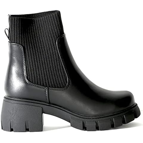 Chariot & Co: Rita - Womens Platform Ankle Boots Elastic Chunky Block Heel Chelsea Booties Lug Sole Combat Shoes (Black PU, 8.5) Cover